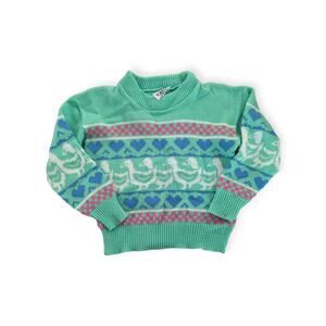 80s Seafoam Fair Isle Girl's Knit Sweater ~ geese checkerboard hearts